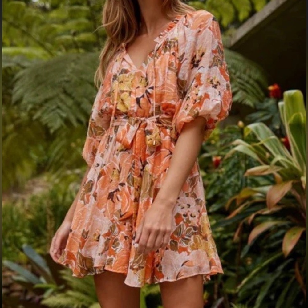 MINKPINK Thalia Boho Floral Puff Sleeve Tie Waist Ruffle Mini Dress Sz M